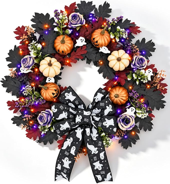22'' Halloween Wreath for Front Door with Orange, Purple Light - skull wreath