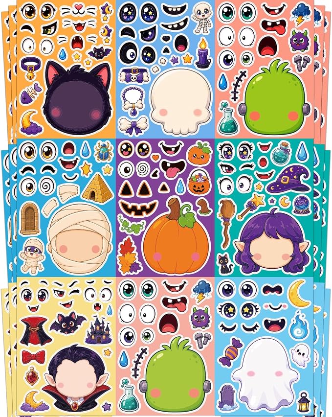 Halloween Stickers for Kids, 24 DIY Face Sheets, Halloween Party Favors - skull sticker