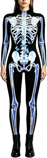 Skeleton Costumes for Women Halloween 3D Print Skeleton Bodysuits Long Sleeve Skinny Stretch Catsuit - skeleton