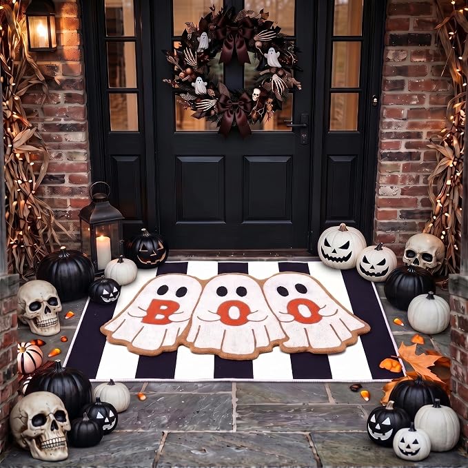 2 Pcs Halloween Door Mat Set Coir Rug Indoor Outdoor, Boo Ghost - skull door mat