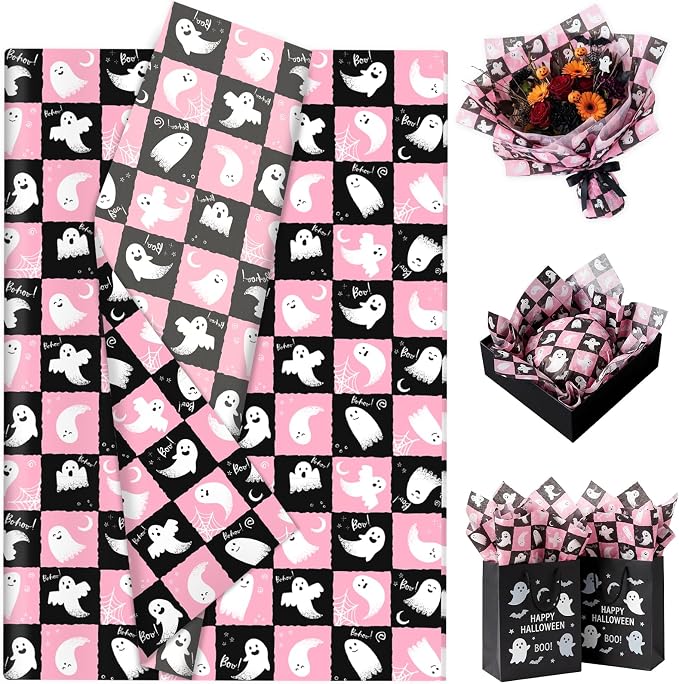 60 Sheets Halloween Plaid Ghost Tissue Paper, 14 x 20 Pink Plaid Ghost Wrapping Paper for Halloween Wedding Bridal Shower Party DIY Crafts Decorations - skull toilet paper