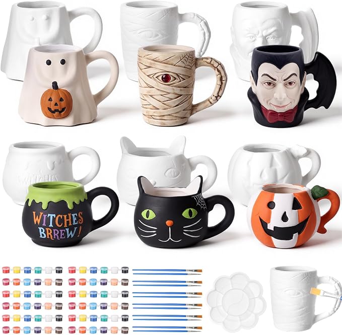 Vesici 6 Pack Halloween Ceramics to Paint, Pumpkin Mugs with Painting Kit
