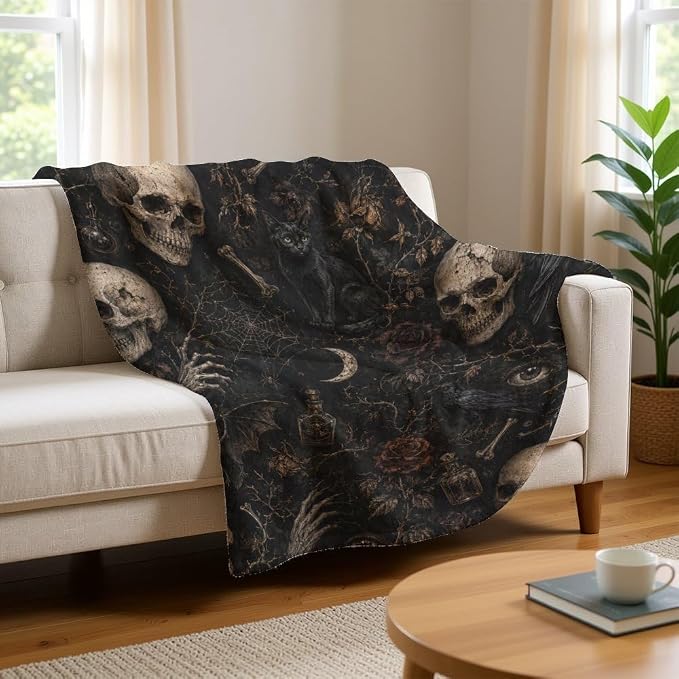 Spooky Halloween Throw Blanket Gothic Soft Flannel Black Skull Fuzzy Plush Cozy Microplush Blankets for Couch Sofa Bed Chair Camping Decor Gifts for Women Men 50x60 Inch - skull blanket