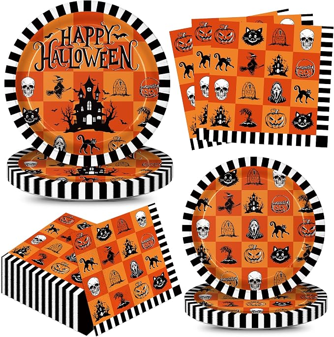 150Pcs Halloween Paper Plates Napkins Halloween Party Supplies Serve 50 - skull plate