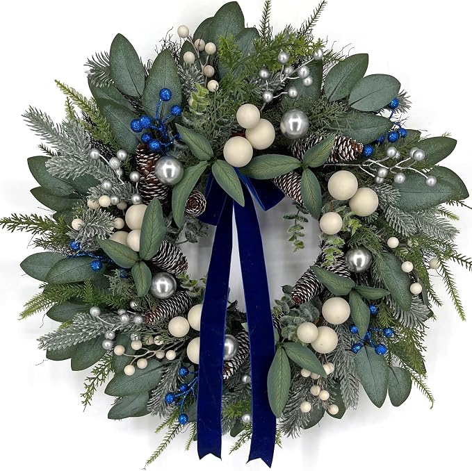 24in Eucalyptus Winter Wreaths for Front Door, Silver & Blue Berries - skull wreath