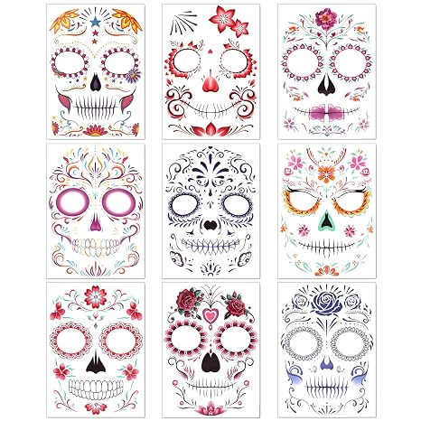 Konsait 9 Sheets Day of the Dead Face Tattoos, Sugar Skull Temporary Face Tattoo Halloween Makeup Tattoos for Women Men Day of the Dead Mask Accessories Party Favor Supplies - skull sticker