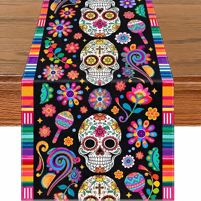 Day of The Dead Table Runner, Flowers Sugar Skull Mexican Table Runner