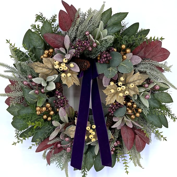 24 inch Winter Wreaths for Front Door, Frosted Pine & Purple Ribbon - skull wreath
