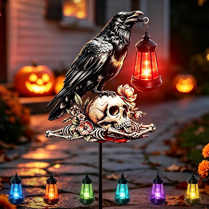 24″ Halloween Solar Yard Stake – Raven Skull 7-Color Lantern
