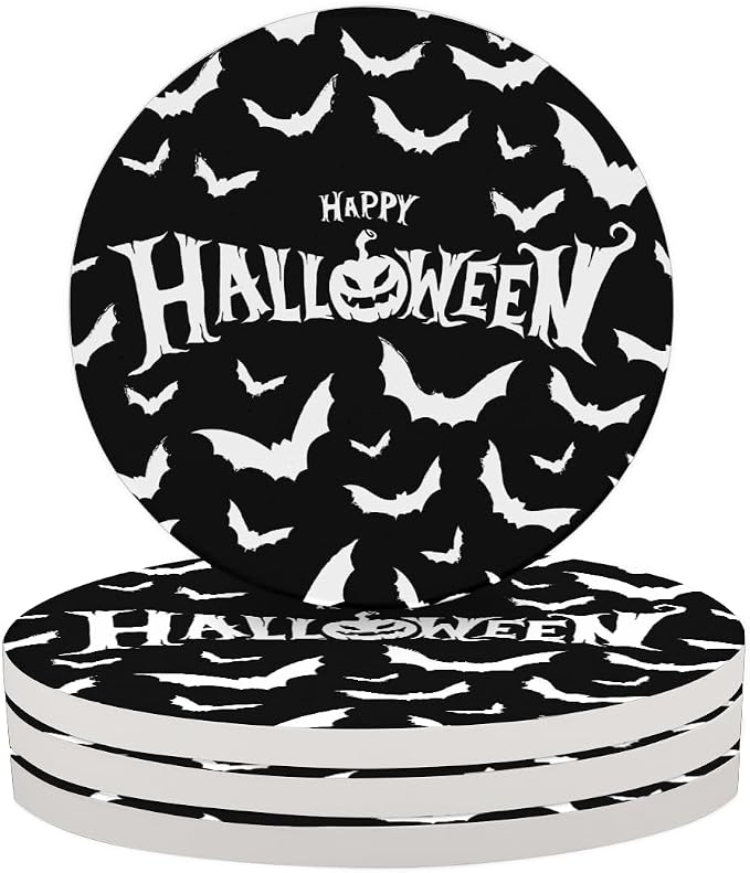 Halloween Bat Ceramic Coasters Set of 4 - Drink Coasters Absorbent for Home - skull coaster