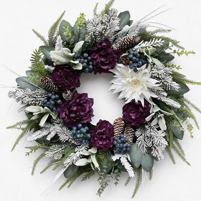 24 Inch Winter Wreaths for Front Door, Frosted Pine Plum Purple Peony - skull wreath