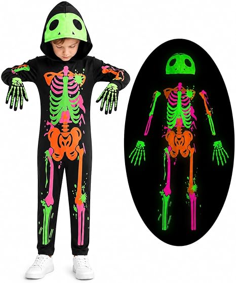 Glow in the Dark Colorful Skull Bones Jumpsuit Halloween Outfit for Kids Unisex Toddler Luminous Skeleton Costumes - sugar skull costume