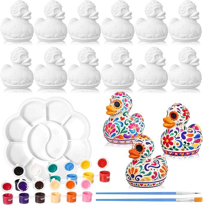 Blueweenly 17 Pcs Paint Your Own Ceramic Day of the Dead Duck Craft Set Include 12 Unpainted Ceramic Duck 2 Strips of Paints with 1 Palette 2 Brushes - skull figurine