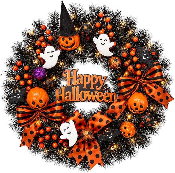 22 Inch Halloween Wreath for Front Door with Light Pumpkin Ghost Decor - skull wreath