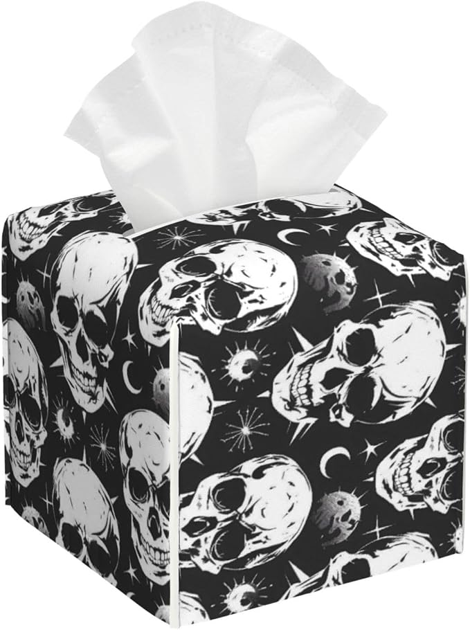 Skulls and Mysterious Patterns Print Tissue Box Cover Holder Square Leather Tissue Cube Box 5.2"X5.2"X5.2" Modern Tissue Case for Bathroom, Home Office Decor - skull toilet paper