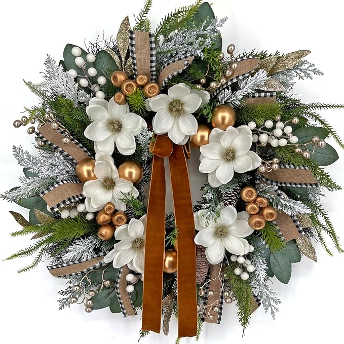24 inch Farmhouse Christmas Front Door Wreath, Winter Magnolia & Pine - skull wreath