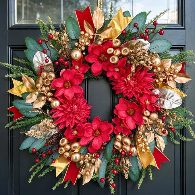 24 Inch Red & Gold Christmas Wreath for Front Door with Velvet Ribbon - skull wreath