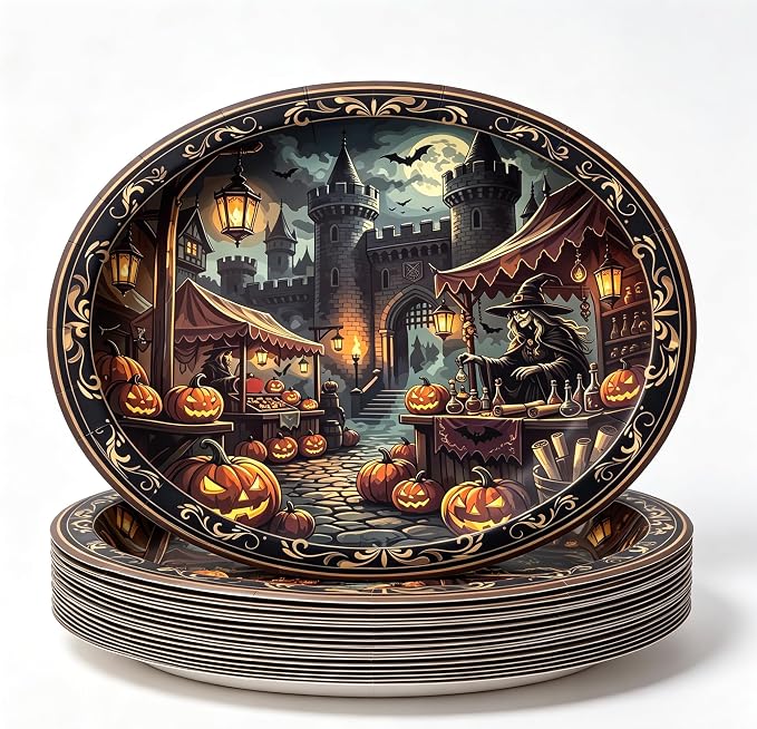 50Pcs Gothic Witch Oval Plates, Halloween Castle Disposable Tableware - skull plate