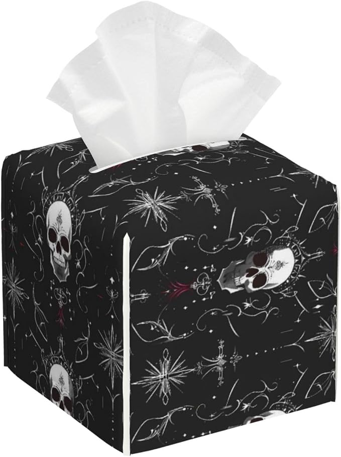 Skulls and Mystical Symbols A Print Tissue Box Cover Holder Square Leather Tissue Cube Box 5.2"X5.2"X5.2" Modern Tissue Case for Bathroom, Home Office Decor - skull toilet paper