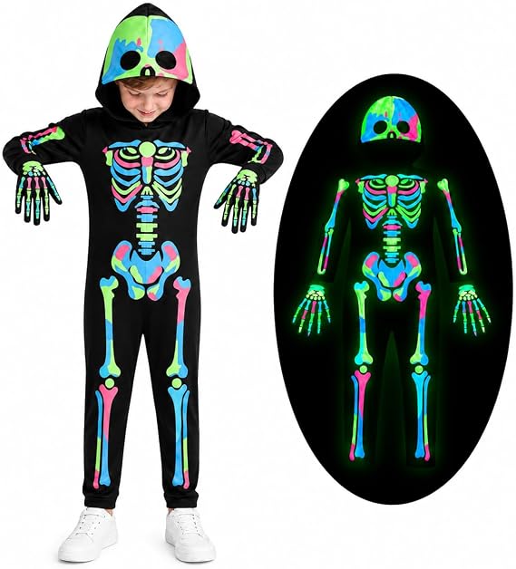 Glow in the Dark Colorful Skull Bones Jumpsuit Halloween Outfit for Kids Unisex Toddler Luminous Skeleton Costumes - sugar skull costume
