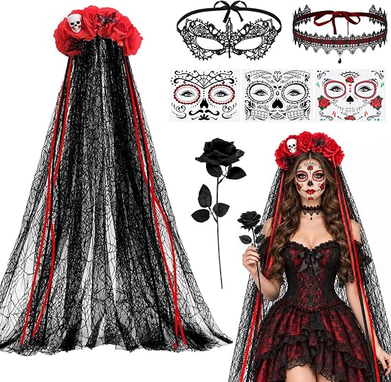 Yotako Day of the Dead Headband, 7 Pcs Day of the Dead Costumes for Women Accessories, Dia de Los Muertos Halloween Costume - sugar skull costume
