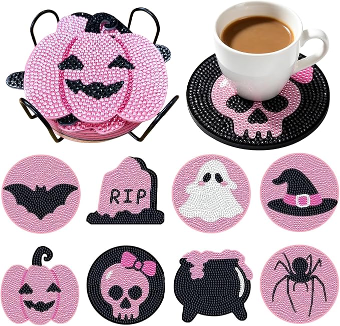 soeonh 8 Pcs Pink Halloween Diamond Painting Coasters Kit with Holder - skull coaster