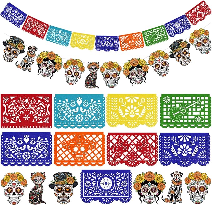Dia de los Muertos Decorations Day of the Dead Papel Picado Banners Dia de los Muertos Altar Ofrenda Decor Sugar Skull Calavera Marigold Flower Garlands for Mexican Party Favors Cinco de Mayo Supplies - skull carpet