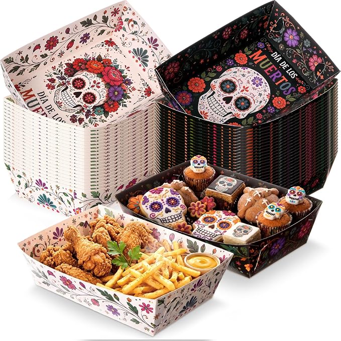 50 Pcs Day of the Dead Paper Food Trays Sugar Skull Snack Boats - skull plate