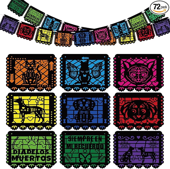 72 Psc Dia De Los Muertos Banner Decorations, Dog Cat Themed Papel Picado - skull carpet