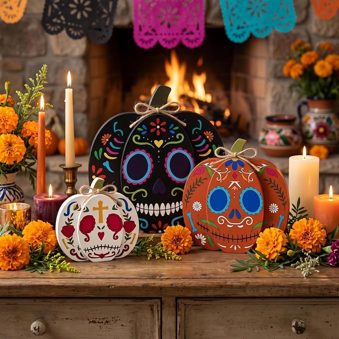 Leinuosen 3 Pack Day of The Dead Wooden Pumpkin Tabletop Decor - skull plate