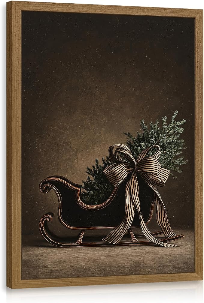 OPFDE Wood Framed Vintage Christmas Sleigh Evergreen Wall Art 12x16 Inch - skull wall art