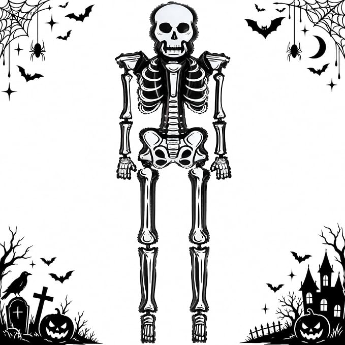 TONIFUL Giant Standing Skeleton Foil Balloon Halloween Party Decorations - skull inflatable