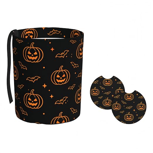 Pumpkin Halloween Car Trash Can 1 Hanging Trash Bag+2 Car Cup Coasters Set - skull coaster