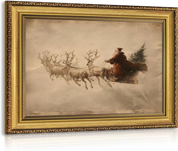 OPFDE Wood Framed Vintage Winter Santa Reindeer Christmas Wall Art 12x16 In - skull wall art