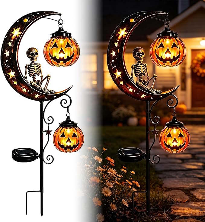 Solar Halloween Skull Moon Garden Stake Light, Halloween Garden Decorations