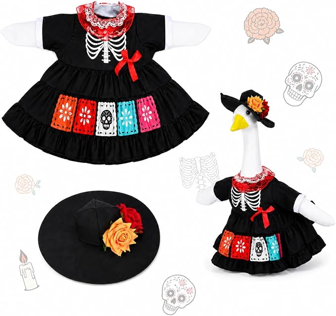 Day of the Dead Porch Goose Outfit for 23 Inch Lawn Outdoor Goose Statue - sugar skull makeup