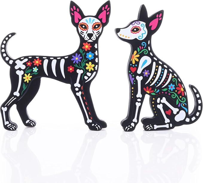 Wesiti 2 Pcs Sugar Skull Dog Figurines Day of the Dead Wooden Decorations - skull figurine
