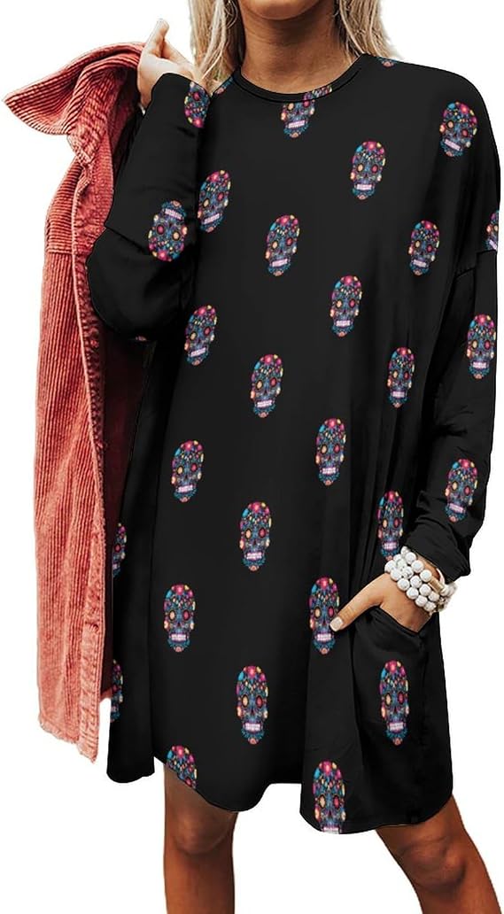 Sugar Skull Women's Casual Sweatshirt Dress 6XL - skull sweatshirts