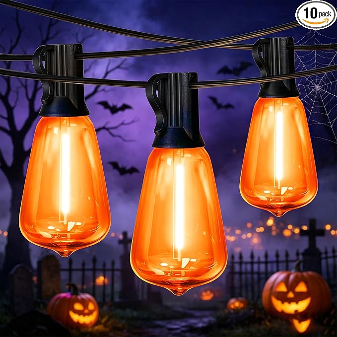 26FT ST38 Orange Halloween String Lights, 12+1 Shatterproof Vintage Edison LED Orange Outdoor Patio Lights, Waterproof Connectable String Lights for Halloween Party Bistro Yard Christmas Decor - string light