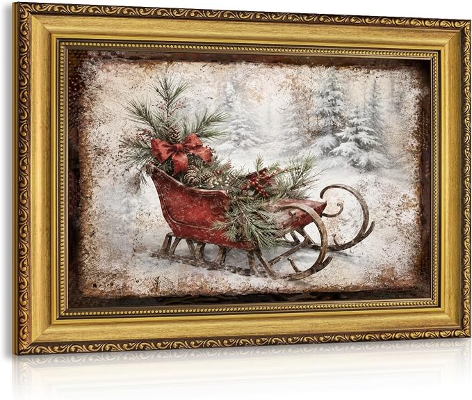 Dynazo Vintage Winter Christmas Red Sleigh Wall Art, Wood Framed 12x16 Inch - skull wall art
