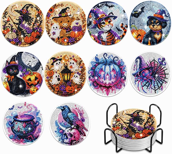 10 pcs Halloween Diamond Art Coasters Kit,5D Painting Kits with Stand - skull coaster