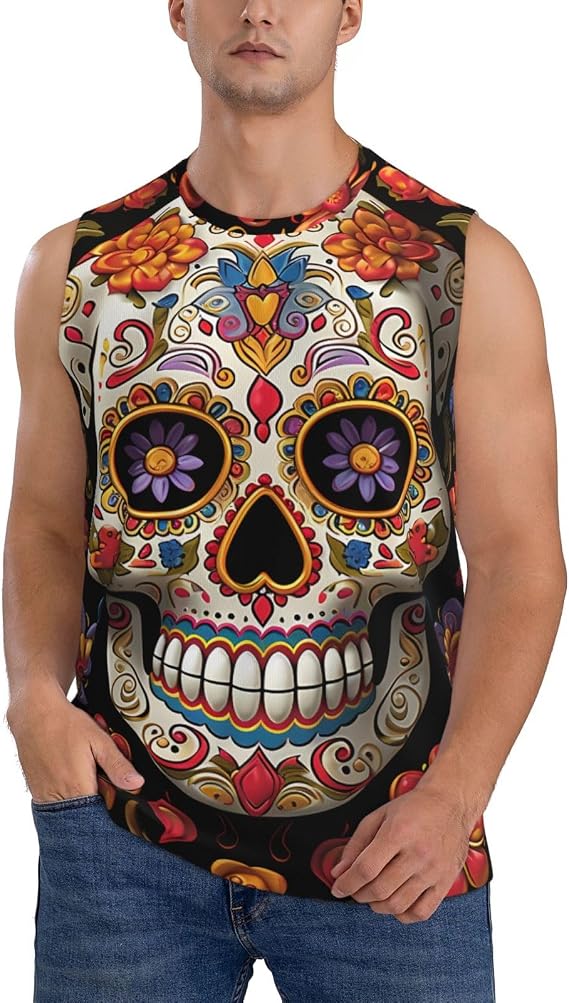 Sugar Skulls Mens Casual Tank Tops Sleeveless Muscle Gym T Shirts - skull tank tops