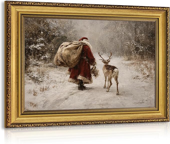 OPFDE Wood Framed Vintage Santa Reindeer Christmas Wall Art 12x16 Inch - skull wall art
