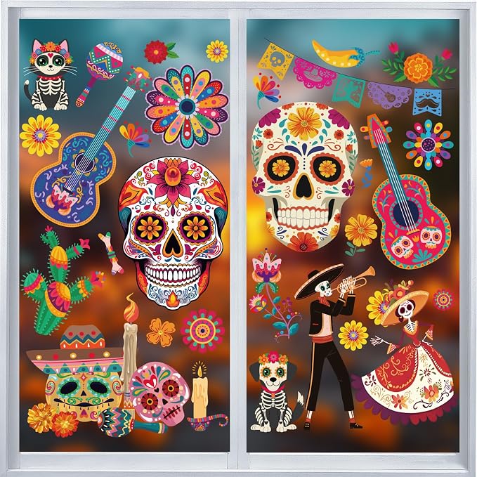 AFRITEE Dia De Los Muertos Deko Window Clings Halloween Static Stickers - skull sticker
