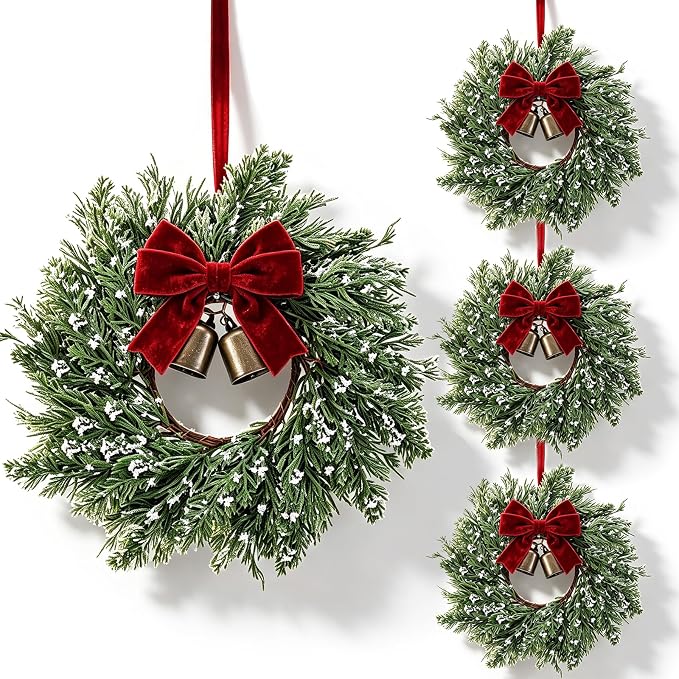 4 Set Christmas Hanging Wreaths Small Snow Flocked Artificial Cedar Wreaths with Red Velvet Ribbon Bronze Bells Mini Faux Greenery Wreath for Front Door Porch Cabinet Window Xmas Holiday Decorations - skull wreath