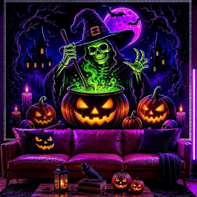 OneNewwish Blacklight Halloween Tapestry, UV Reactive Skeleton Witch Pumpkin Wall Hanging, Large Neon Skull Jack O Lantern Black Light Poster for Party Bedroom Living Room Decor 78″ L x 59″ W