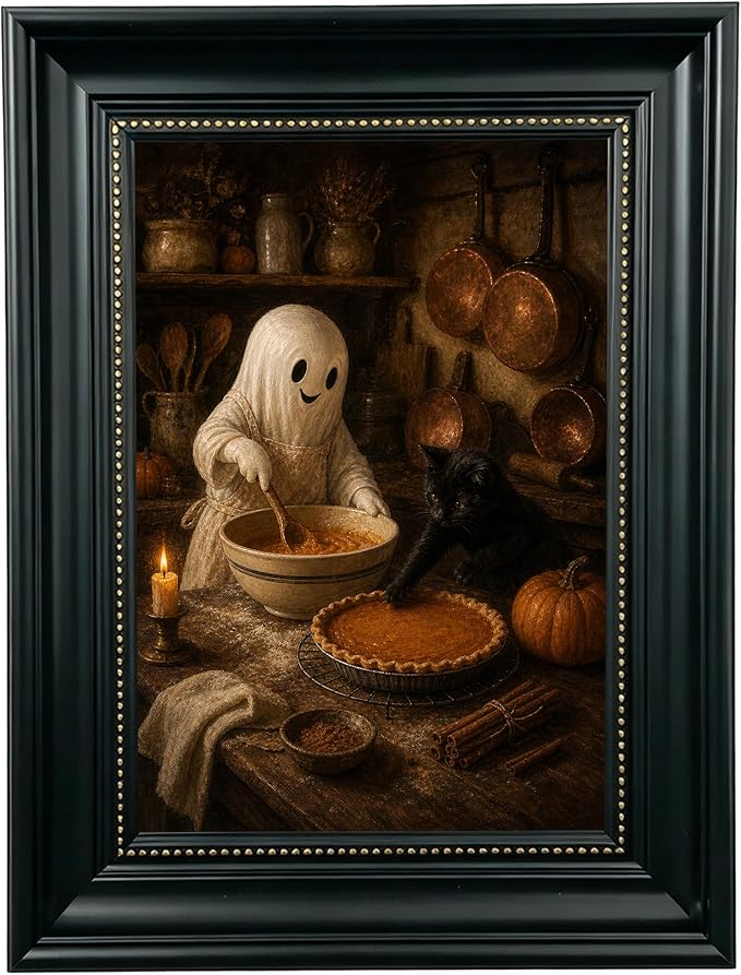 Framed Ghost and Black Cat Baking Wall Art,Cooking Ghost,12x16in,Framed - skull wall art