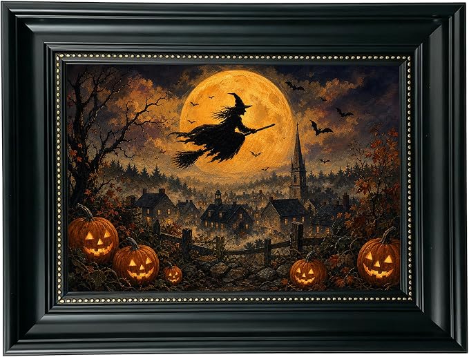 Vintage Flying Witch Halloween Wall Art(Flying Witch, 12x16in, Framed) - skull wall art