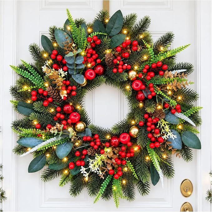 24" Pre-Lit Christmas Wreath for Front Door, Pine & Red Berries, 50 LEDs - skull wreath