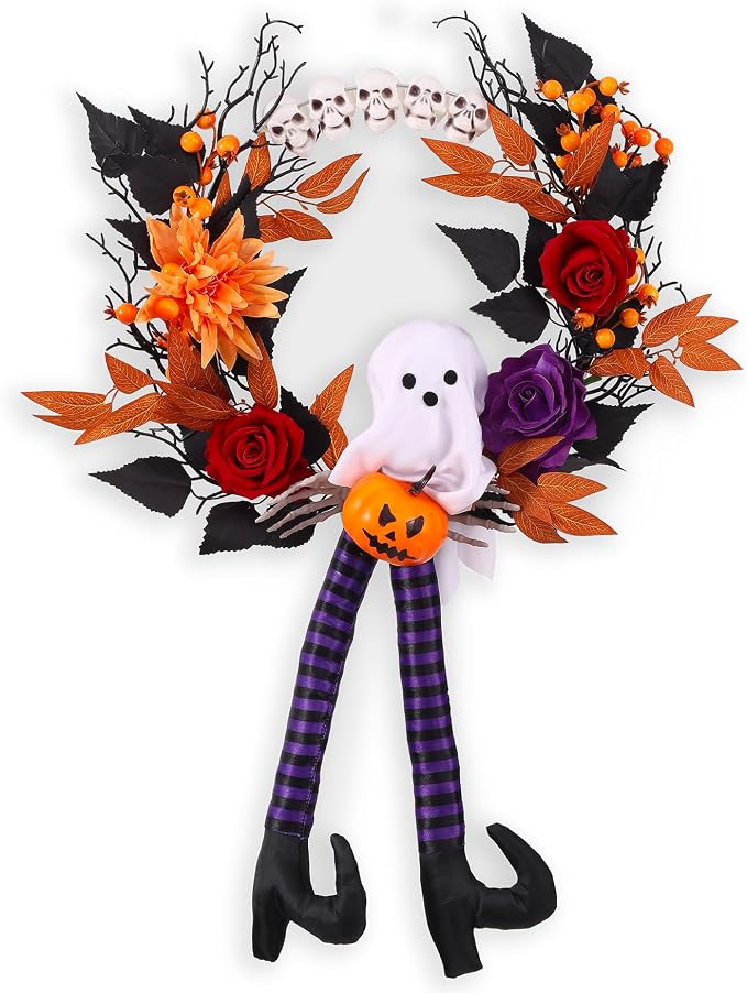 Halloween Wreath for Front Door, 24.8 Inch Halloween Decorations with Witch Legs & Pumpkins, Spooky Wreath for Indoor Outdoor Window Party Home Decor - skull wreath